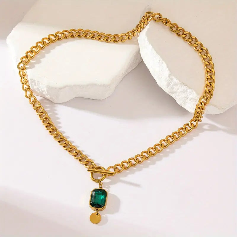 Grove schakelketting met smaragdhanger | Goud
