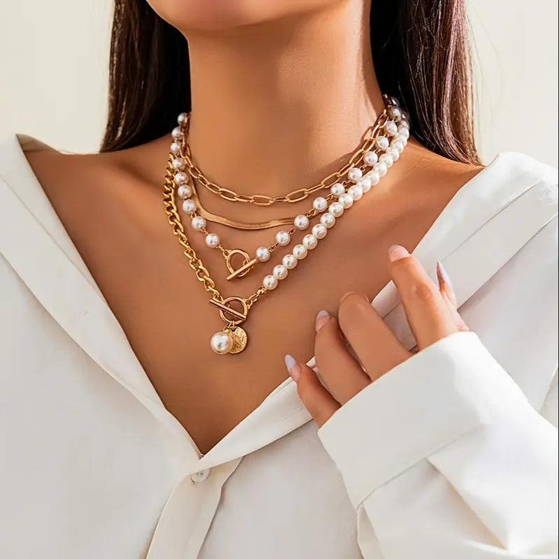 Vintage kettingenset met parels en gouden slangenketting | Goud
