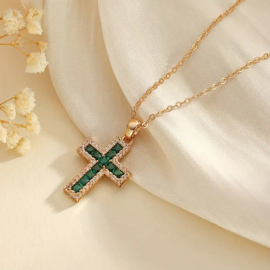 Solene ketting met kruishanger en smaragd | Goud