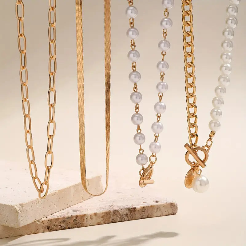 Vintage kettingenset met parels en gouden slangenketting | Goud