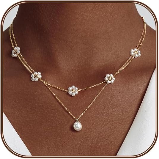 Gelaagde bloemenketting met parels | Goud