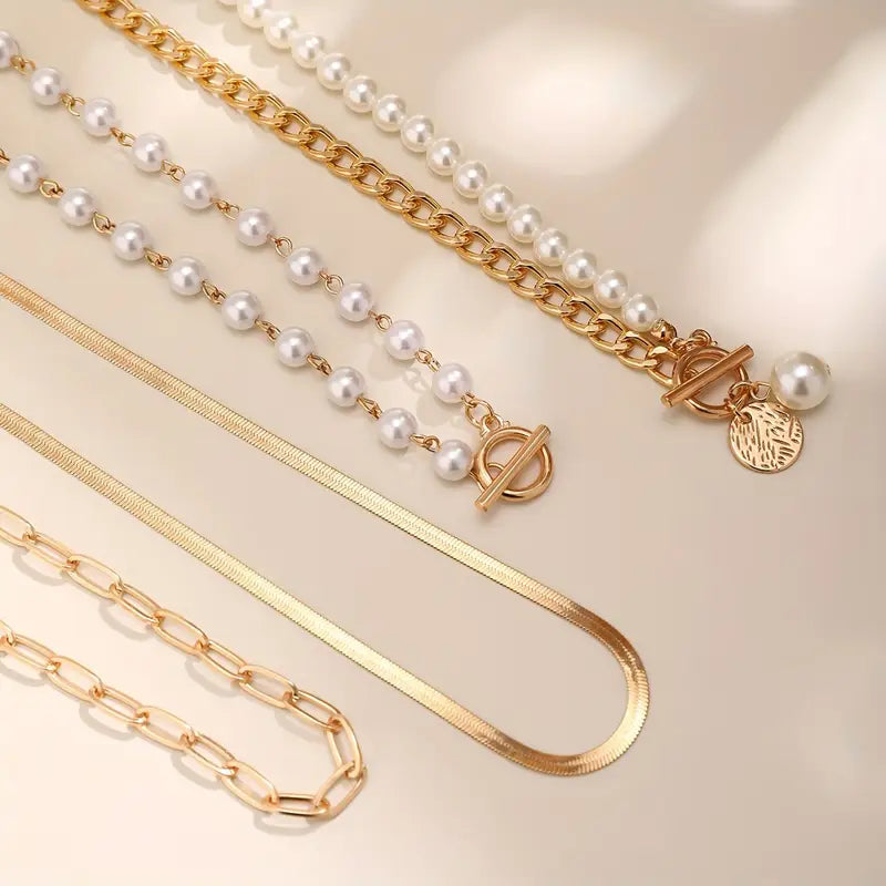 Vintage kettingenset met parels en gouden slangenketting | Goud