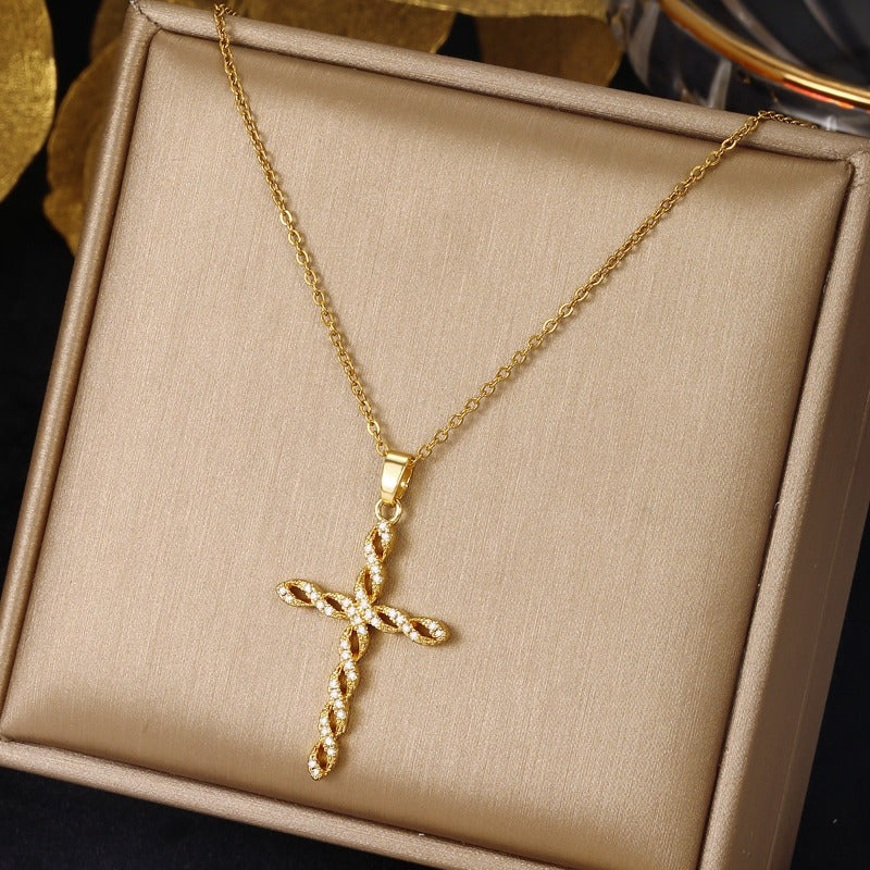 Gedraaide kruisketting met kristallen | Goud