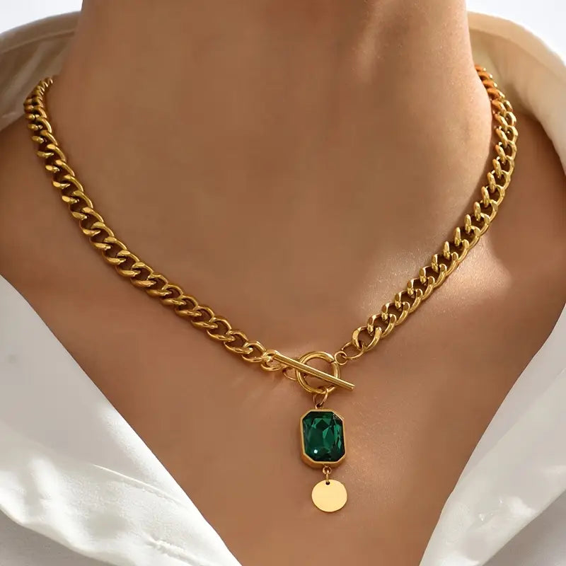 Grove schakelketting met smaragdhanger | Goud