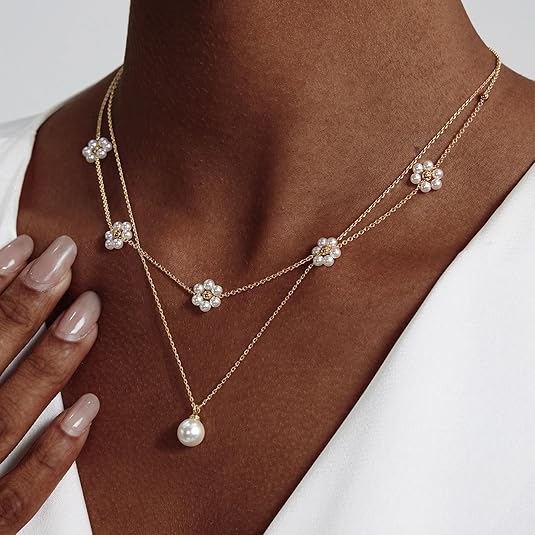 Gelaagde bloemenketting met parels | Goud