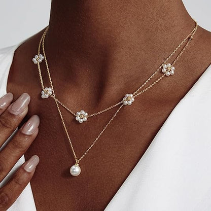 Gelaagde bloemenketting met parels | Goud