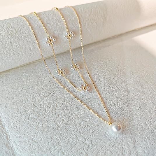 Gelaagde bloemenketting met parels | Goud