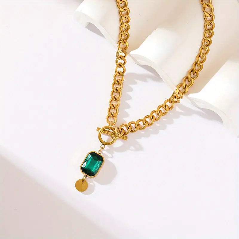 Grove schakelketting met smaragdhanger | Goud
