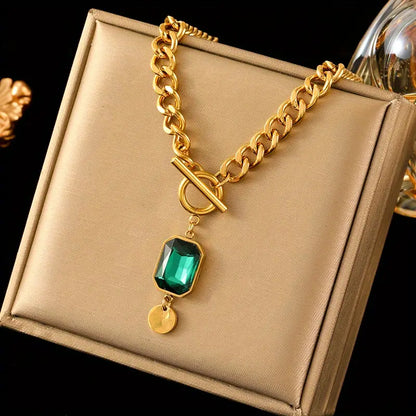 Grove schakelketting met smaragdhanger | Goud