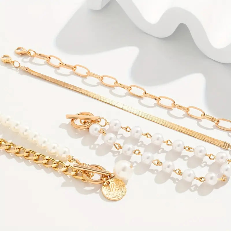 Chique gouden 4-delige armbandenset – slangenketting, parels en schakels | Goud