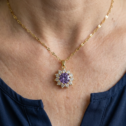 Zonnebloemketting met amethist | Goud