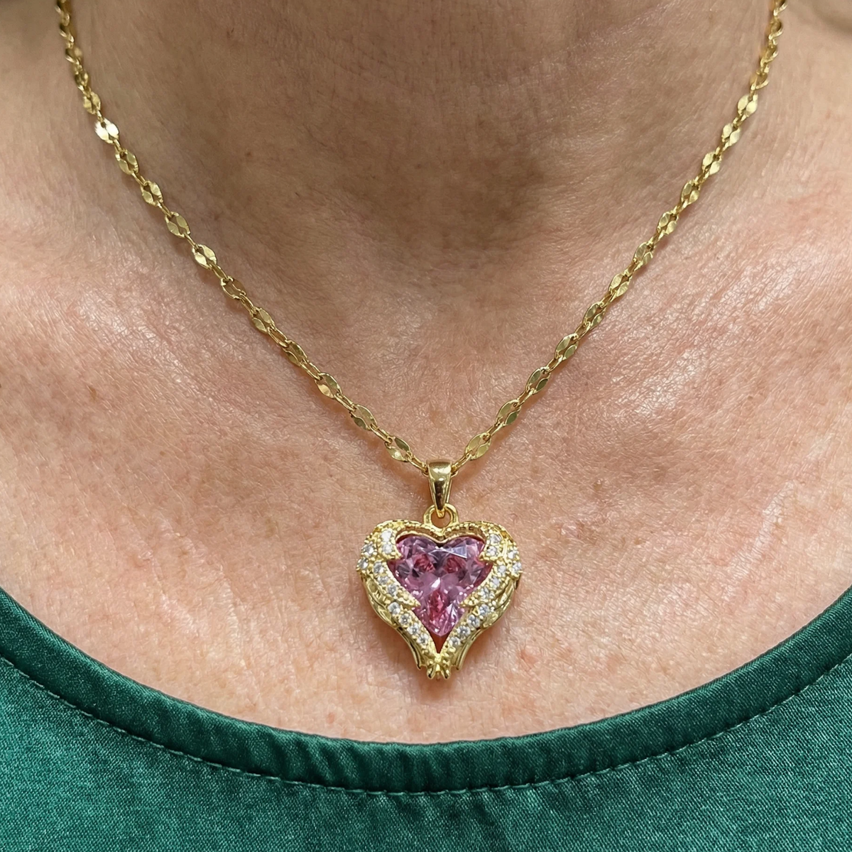 Engelenomhelzing-ketting met roze hart | Goud