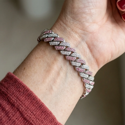Roze glinsterende armband met Cubaanse schakels | Witgoud