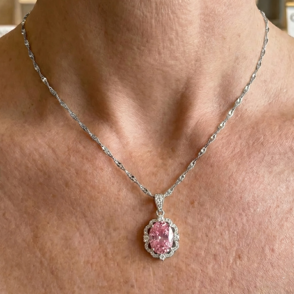 Roze ovale kroonketting met halo | Witgoud