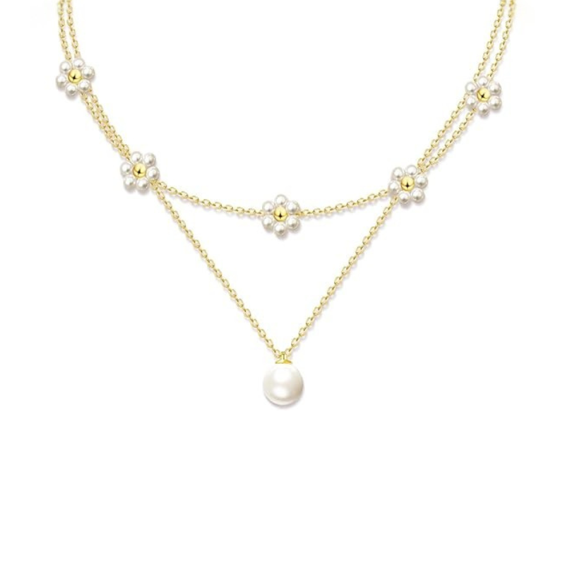 Gelaagde bloemenketting met parels | Goud