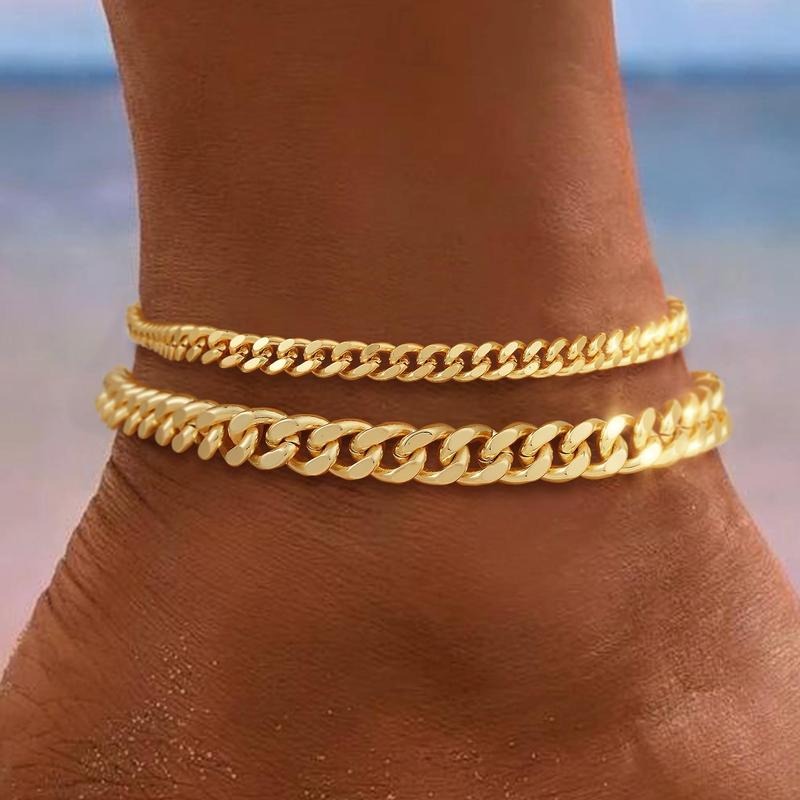 Gelaagde enkelband met Cubaanse schakels | Goud
