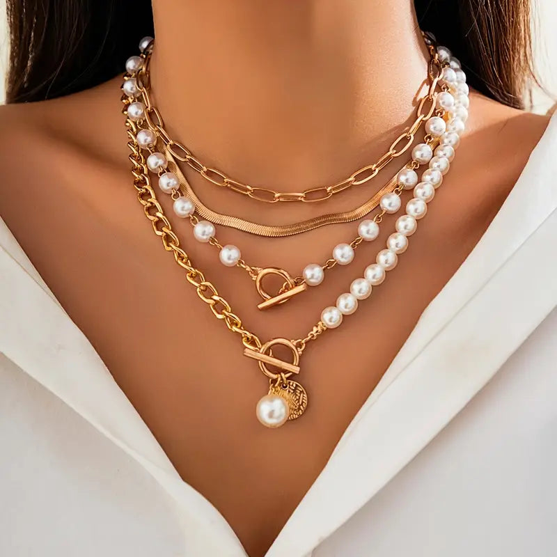 Vintage kettingenset met parels en gouden slangenketting | Goud