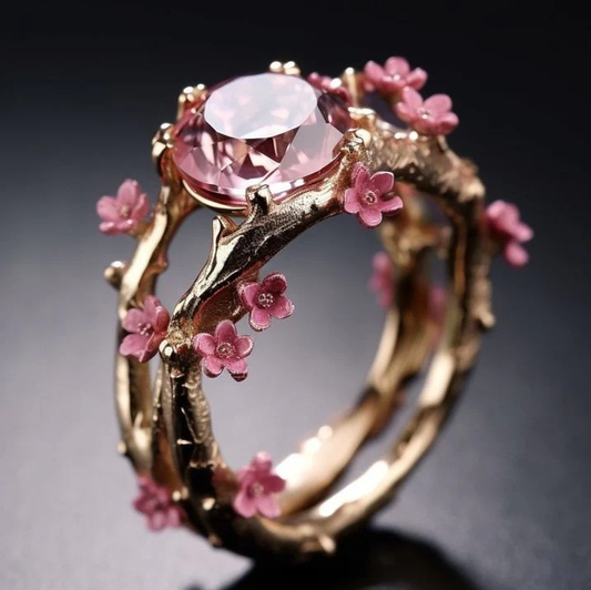 Elegante roze bloemenring met kristal | Goud