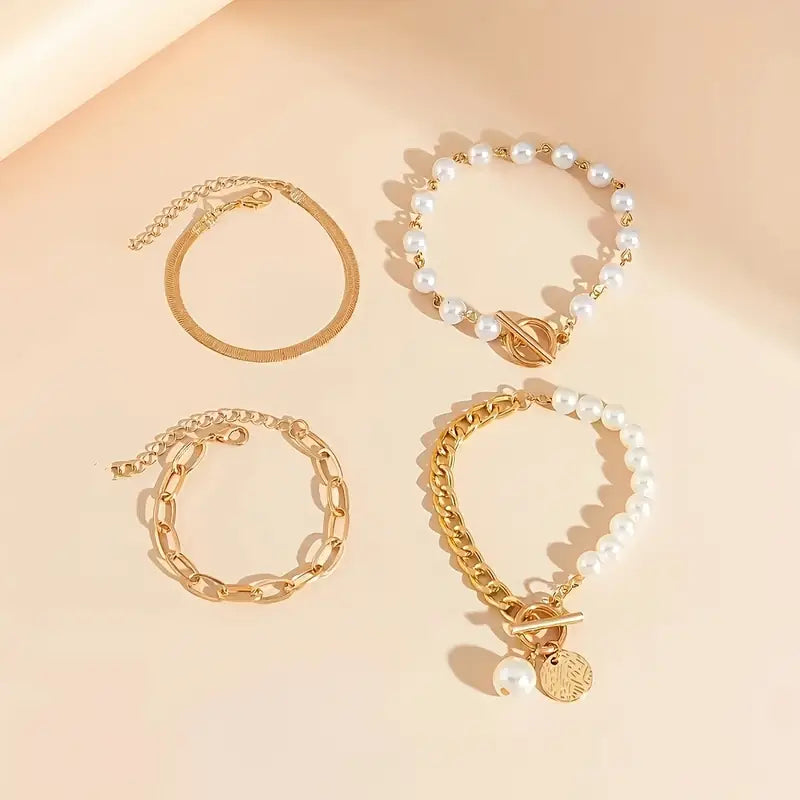 Chique gouden 4-delige armbandenset – slangenketting, parels en schakels | Goud