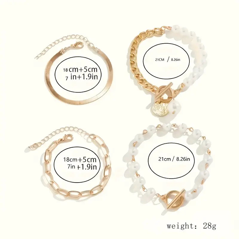 Chique gouden 4-delige armbandenset – slangenketting, parels en schakels | Goud
