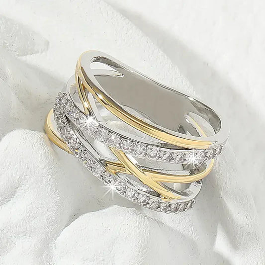 SilverGold stralende ring met zirkonia | Gemengd goud