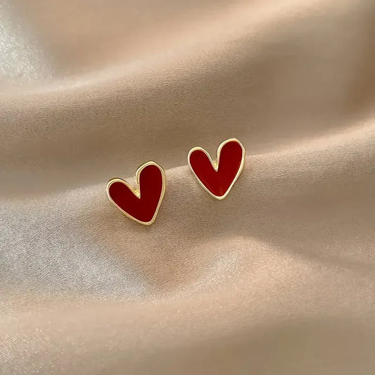 Gouden oorbellen met rood hart in antieke stijl | Goud