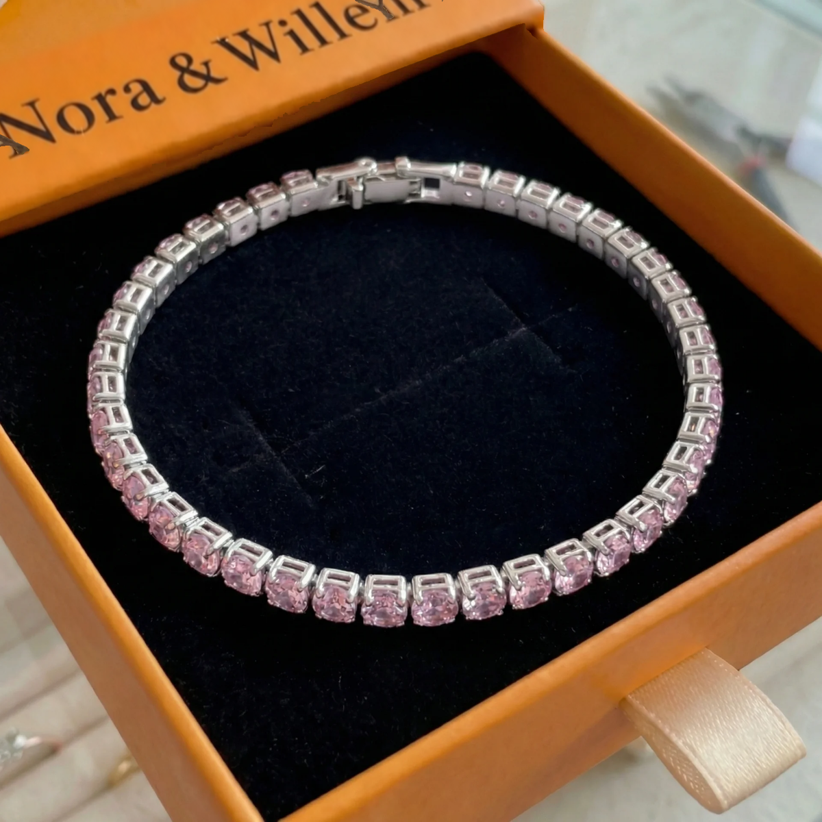Tennisarmband met roze saffier | Witgoud