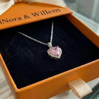 Stralend roze hart-ketting | Witgoud