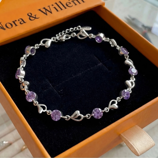 Armband met hartjesbedel en amethist | Witgoud