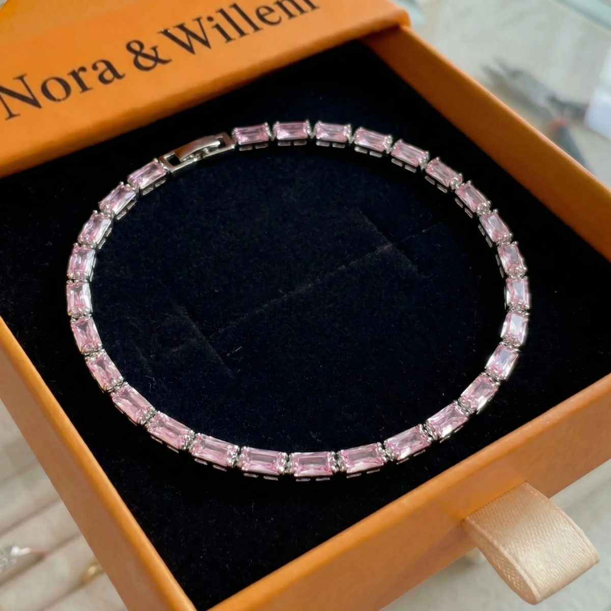 Prisma-tennisarmband met roze saffier | Witgoud