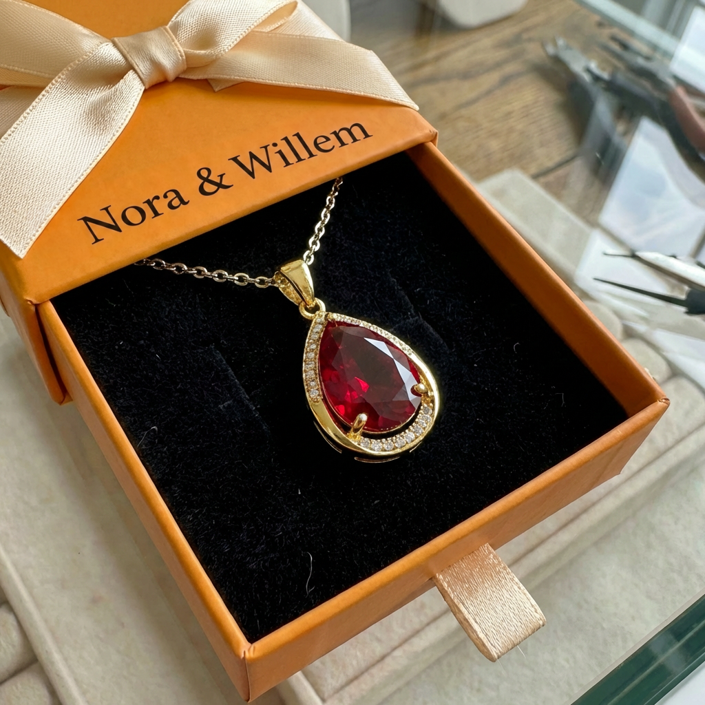 Ketting met druppelvormige robijnhanger | Goud