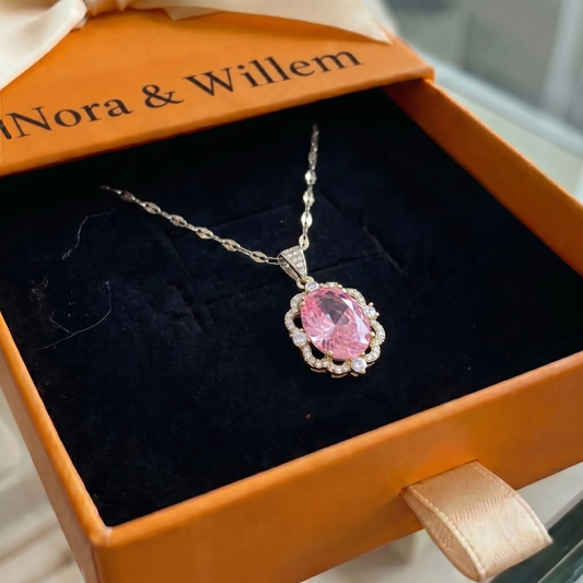 Roze ovale kroonketting met halo | Witgoud